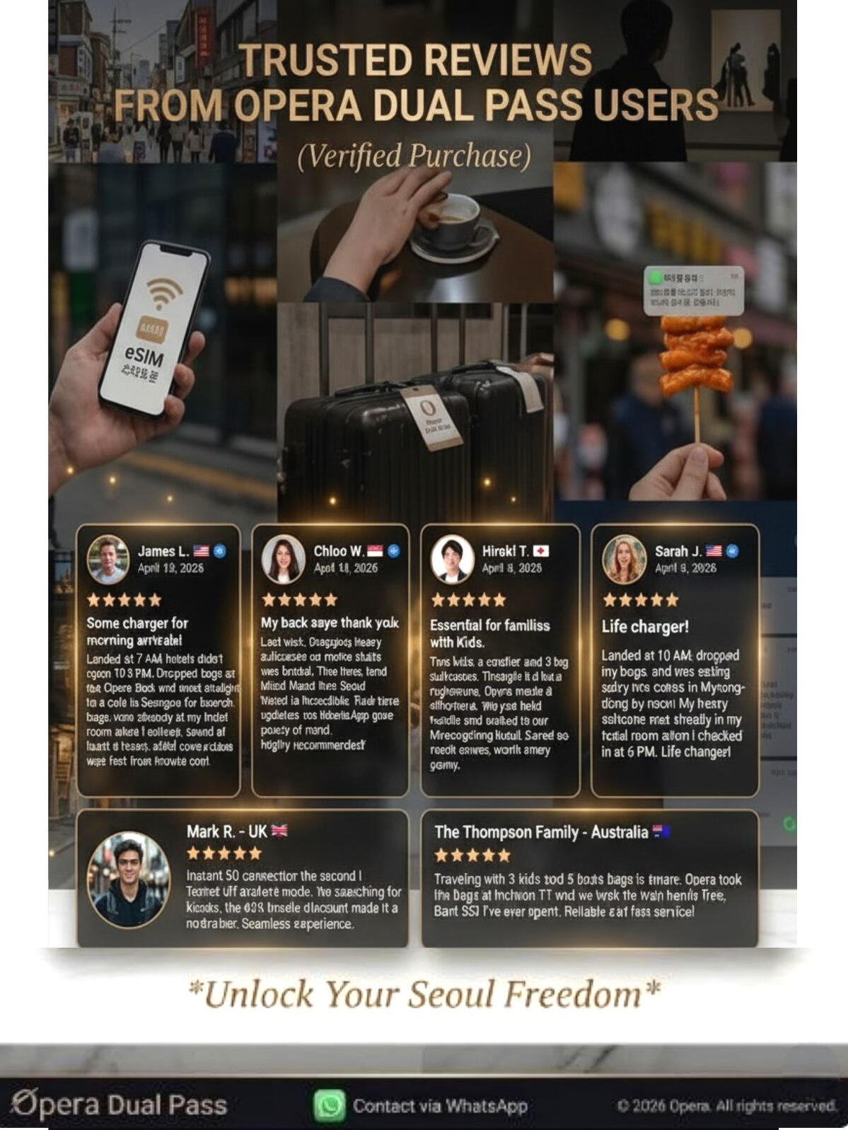 Pricing table for Opera Freedom+ showing various plans for unlimited 5G data eSIM and airport luggage delivery services.