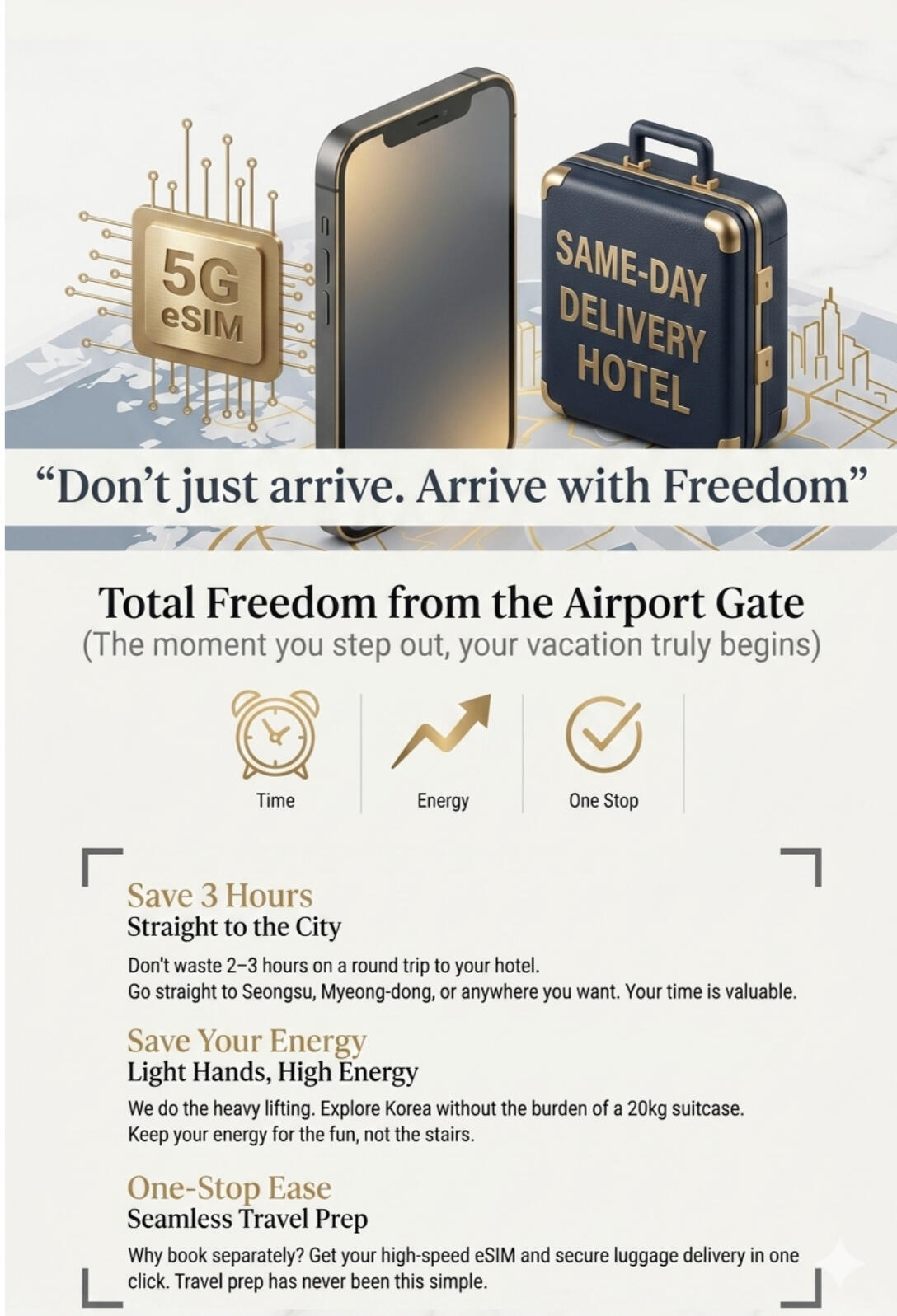 A stylish traveler walking freely out of Incheon Airport without heavy luggage, choosing a smart start with Opera Freedom+.