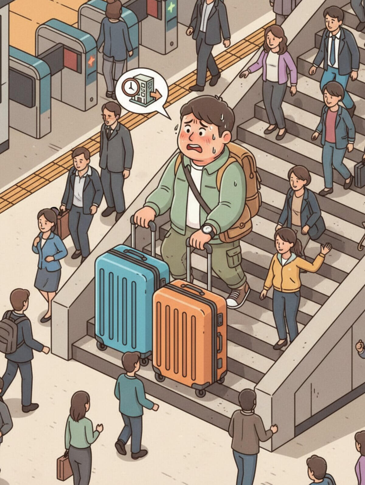 Up stairs. Through crowds. Before your trip even begins.